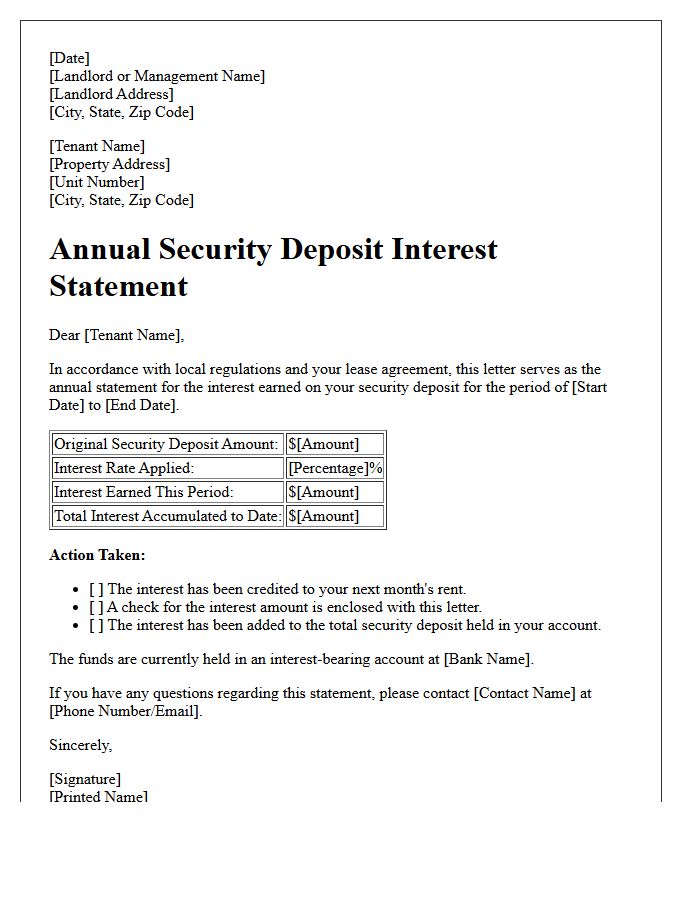 Tenant Annual Deposit Interest Statement Letter