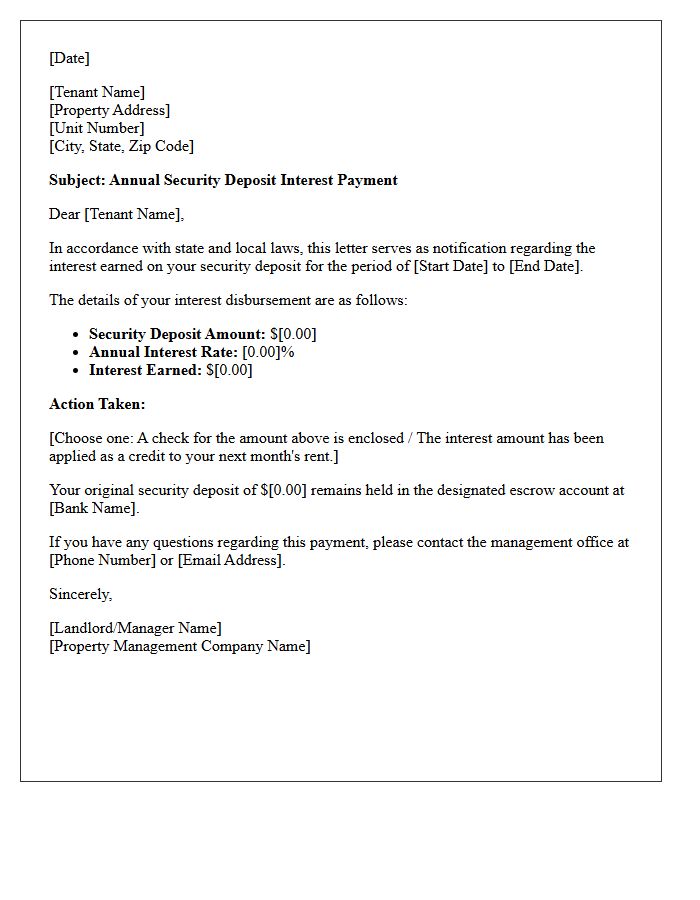 Yearly Security Deposit Interest Disbursement Letter