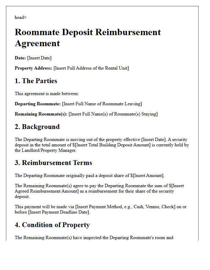 Internal Roommate Deposit Reimbursement Agreement Letter