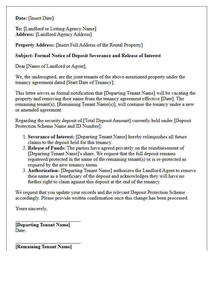 Joint Tenancy Deposit Severance And Release Letter