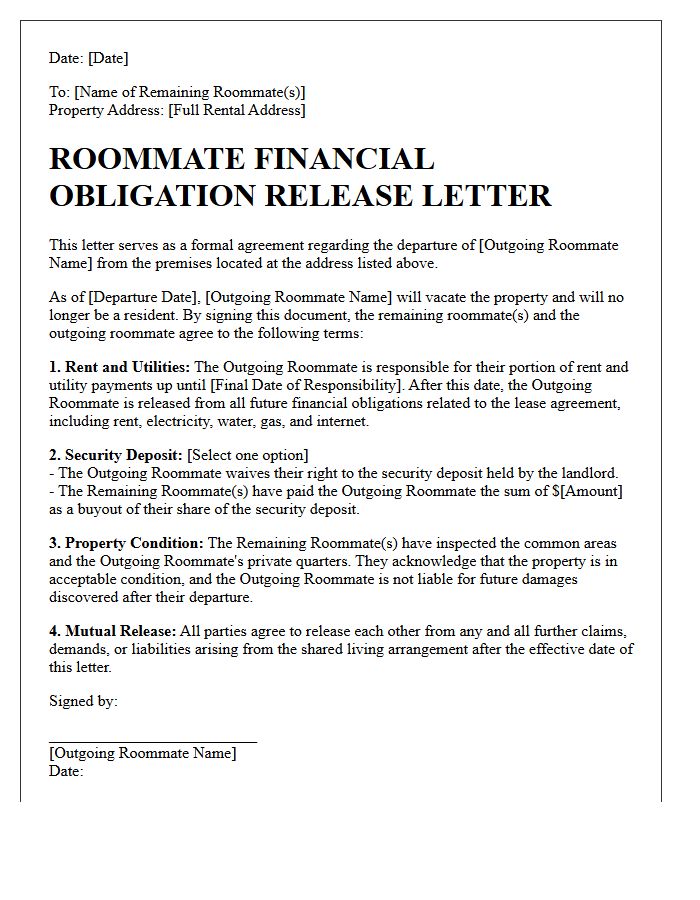 Outgoing Roommate Financial Obligation Release Letter