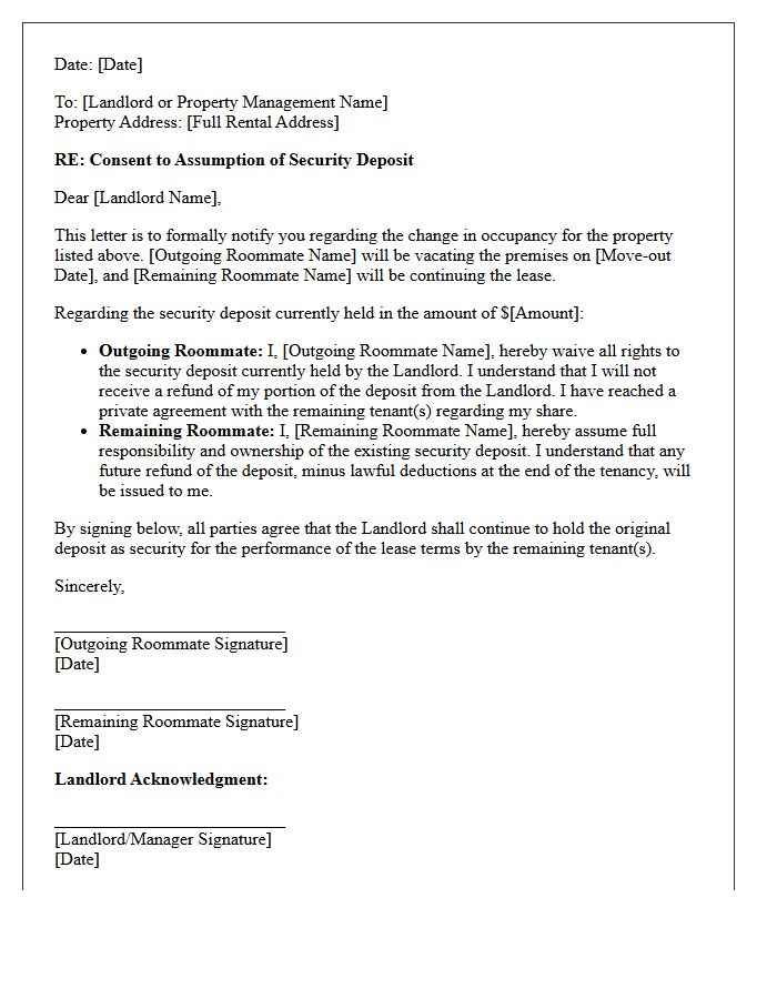 Remaining Roommate Deposit Assumption Consent Letter