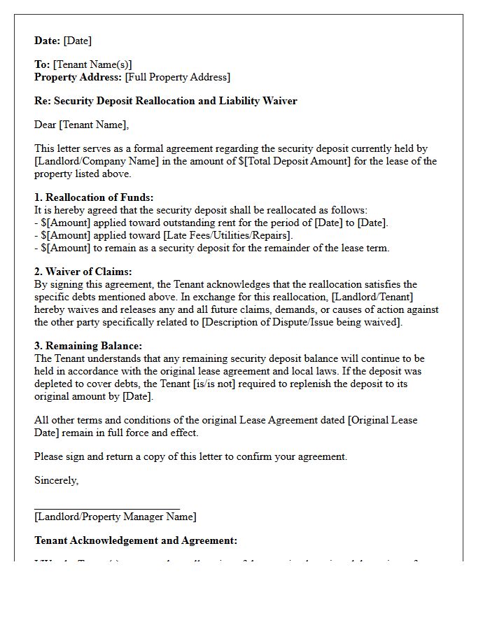 Security Deposit Reallocation And Waiver Letter