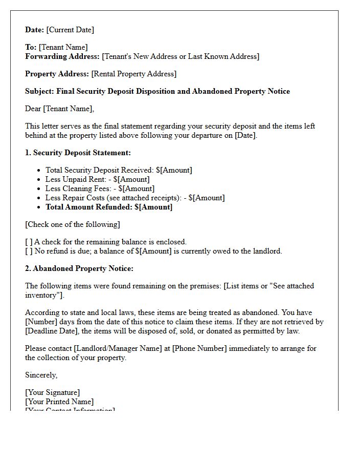 Abandoned Property Final Security Deposit Disposition Letter