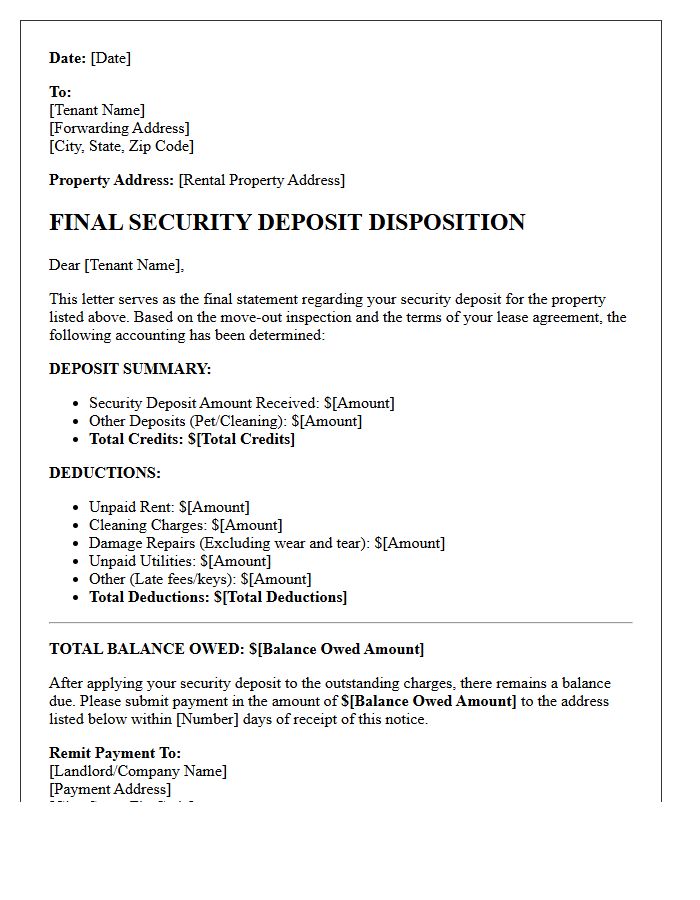 Balance Owed Final Security Deposit Disposition Letter