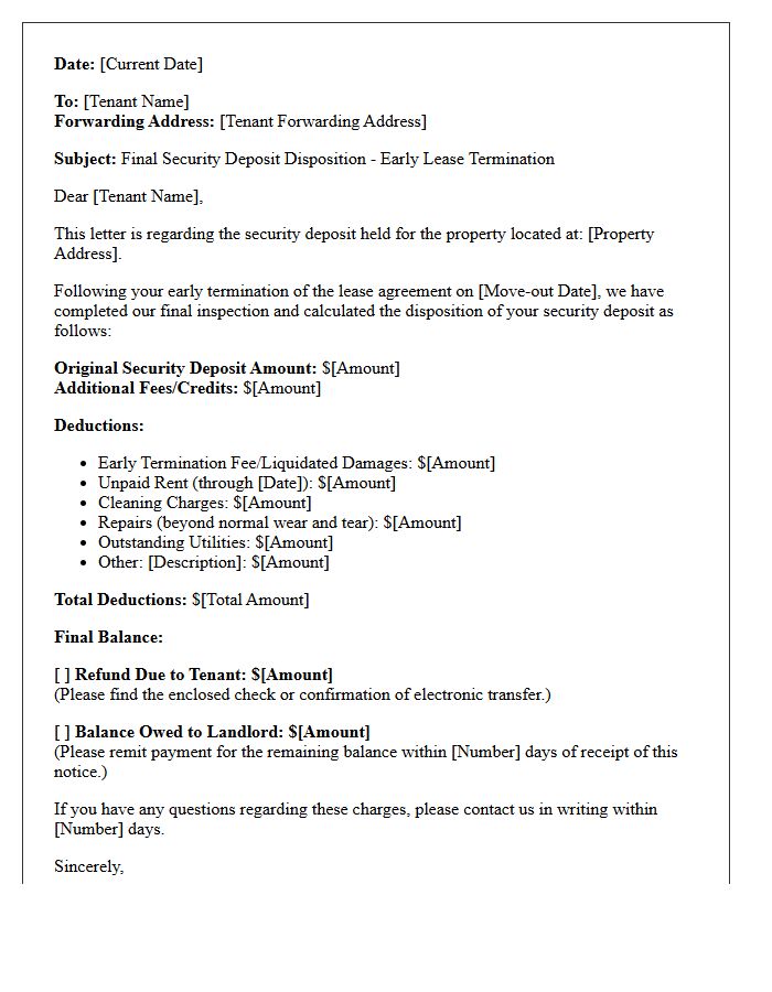 Early Lease Termination Final Security Deposit Disposition Letter