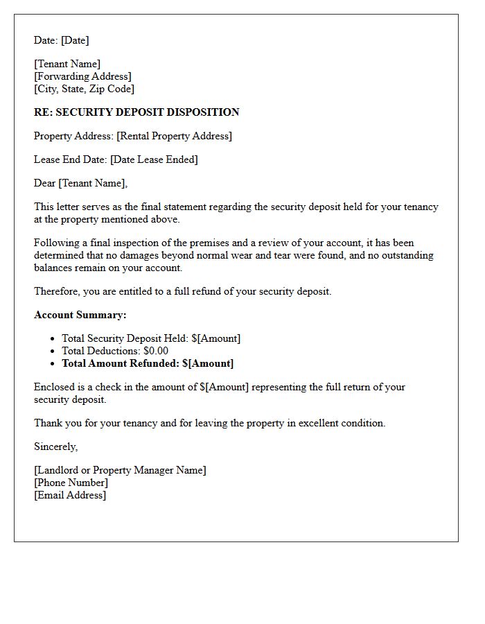 Full Refund Final Security Deposit Disposition Letter