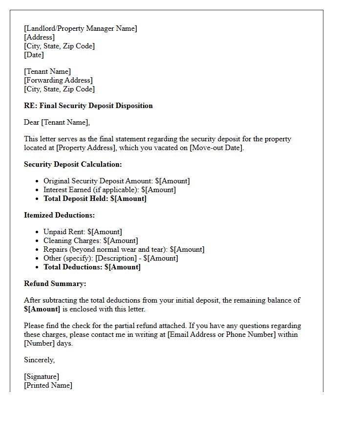 Partial Refund Final Security Deposit Disposition Letter