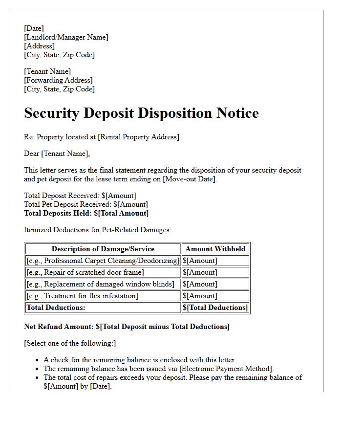 Pet Damage Deduction Final Security Deposit Disposition Letter