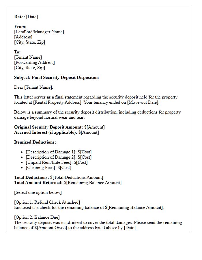 Property Damage Deduction Final Security Deposit Disposition Letter
