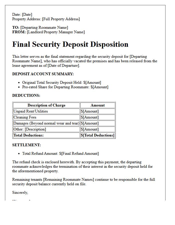 Roommate Release Final Security Deposit Disposition Letter