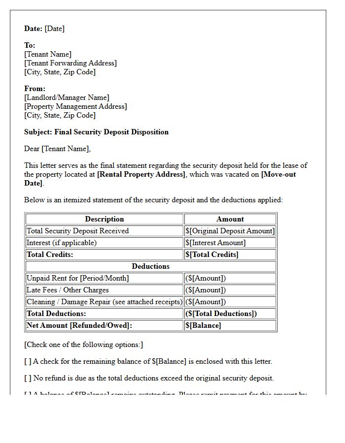 Unpaid Rent Deduction Final Security Deposit Disposition Letter