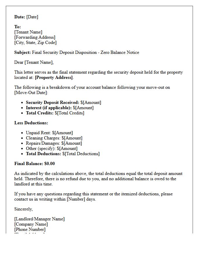 Zero Balance Final Security Deposit Disposition Letter