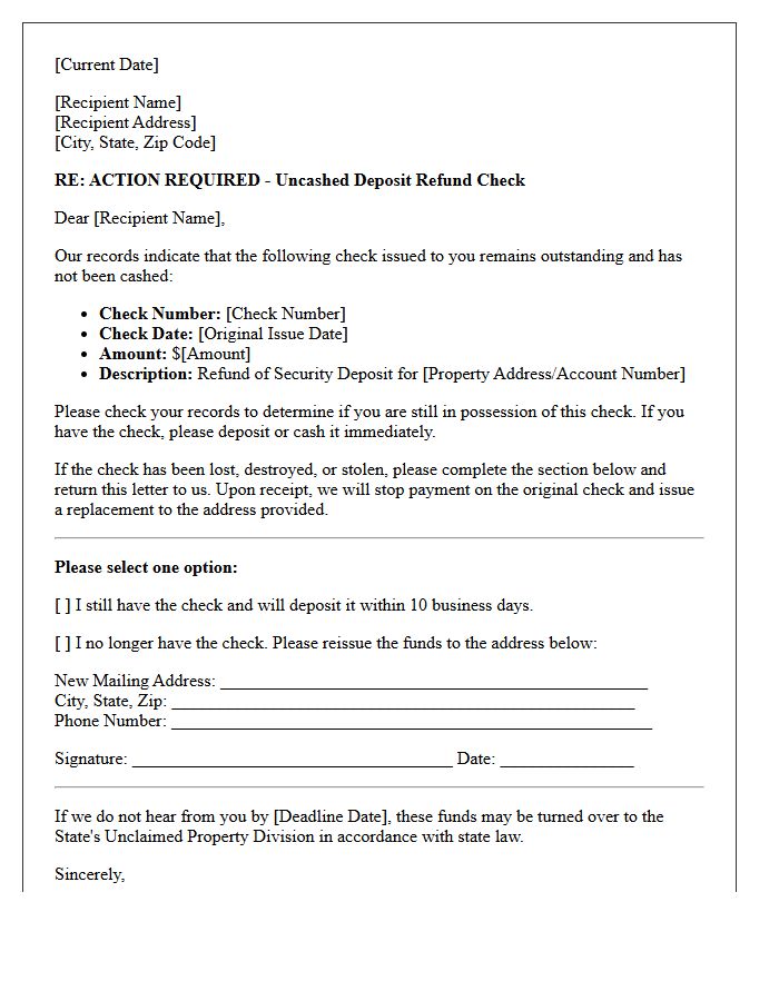 Action Required Letter for Uncashed Deposit Refund Check