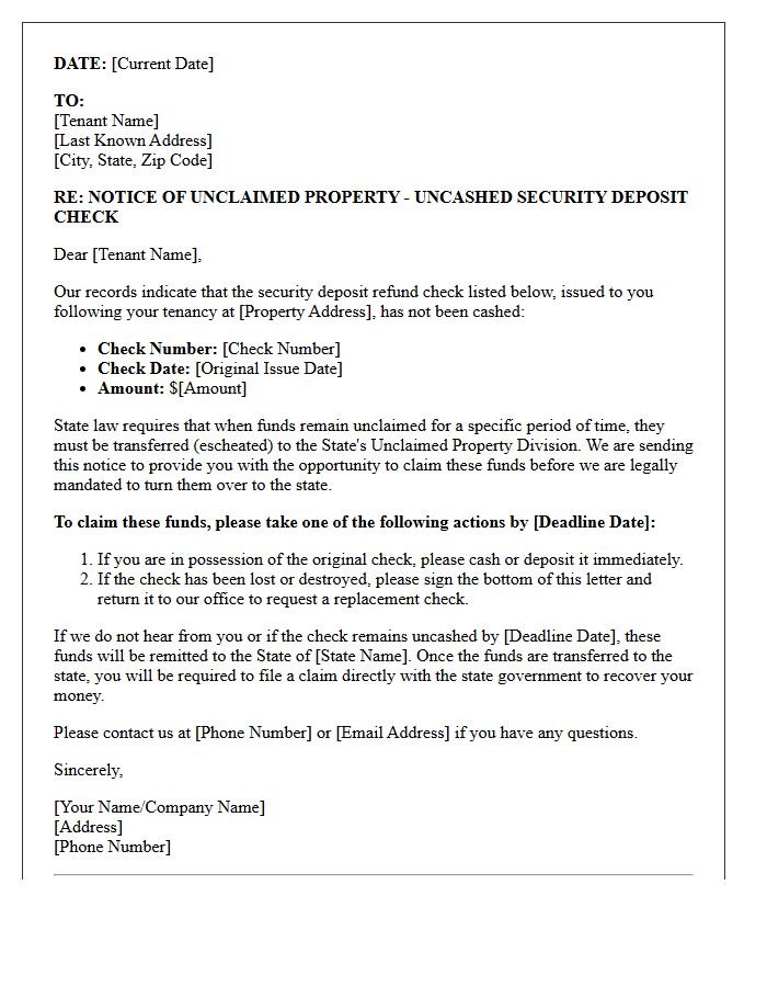 Escheatment Warning Letter for Uncashed Security Deposit