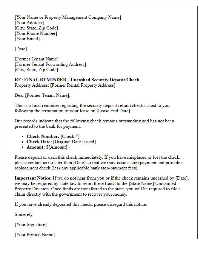 Final Reminder Letter for Uncashed Security Deposit Check