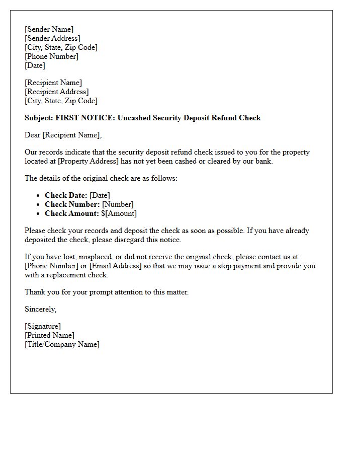 First Notice of Uncashed Security Deposit Refund Letter