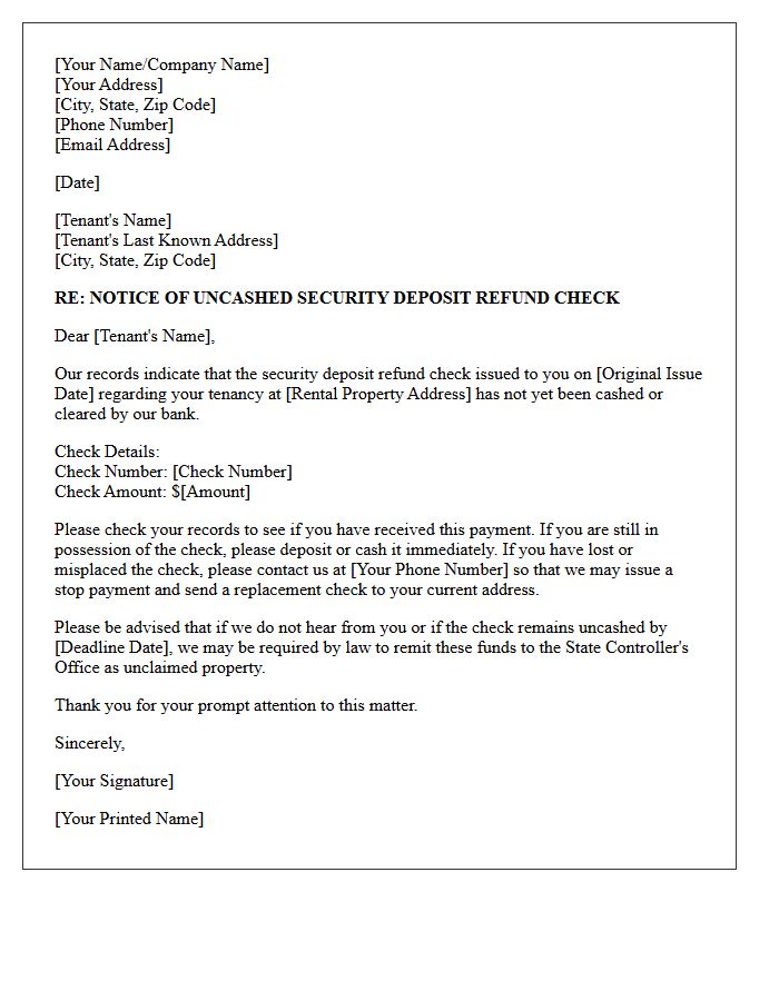 Letter of Notice for Uncashed Tenant Deposit Refund