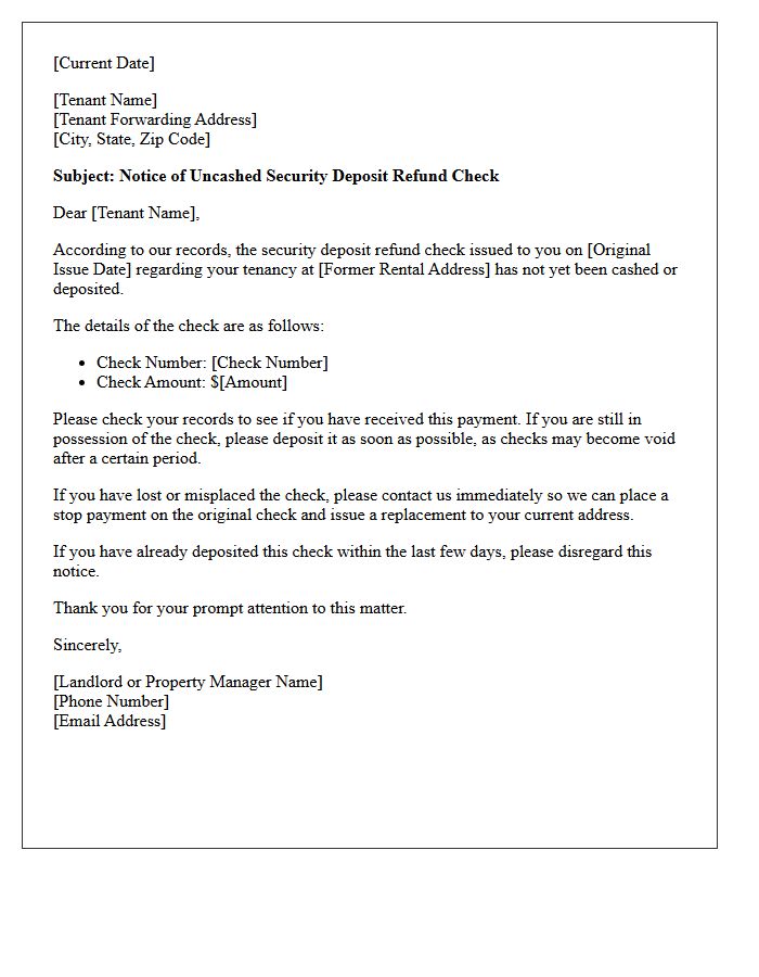 Notice of Uncashed Security Deposit Refund Check Letter