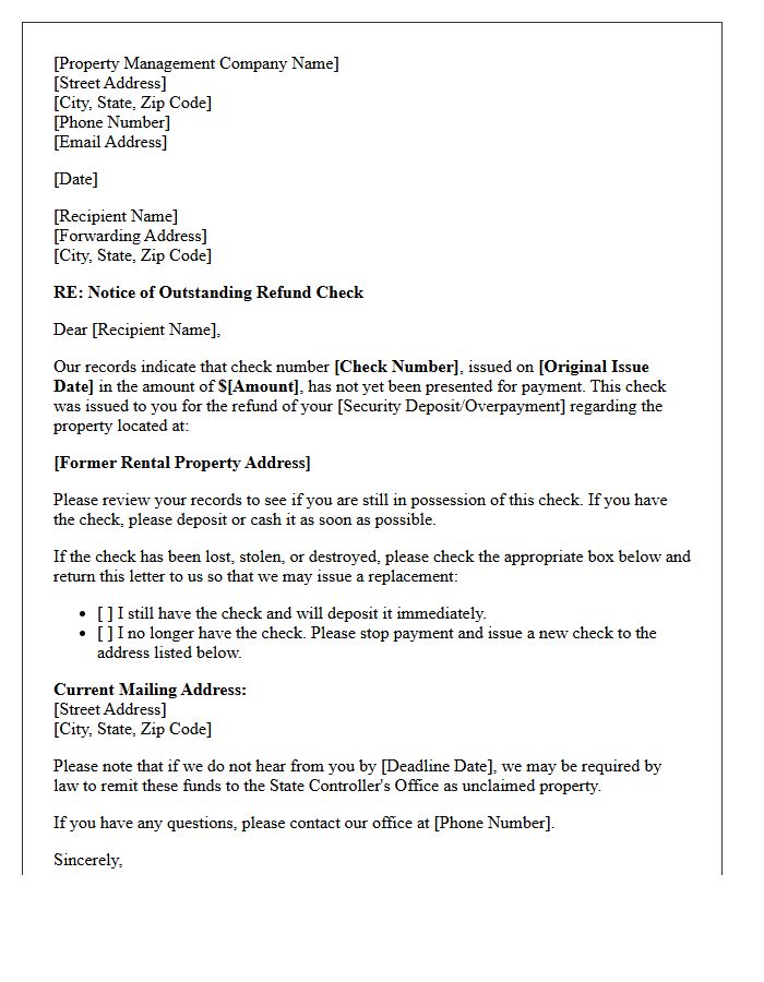Property Management Letter Regarding Uncashed Refund Check