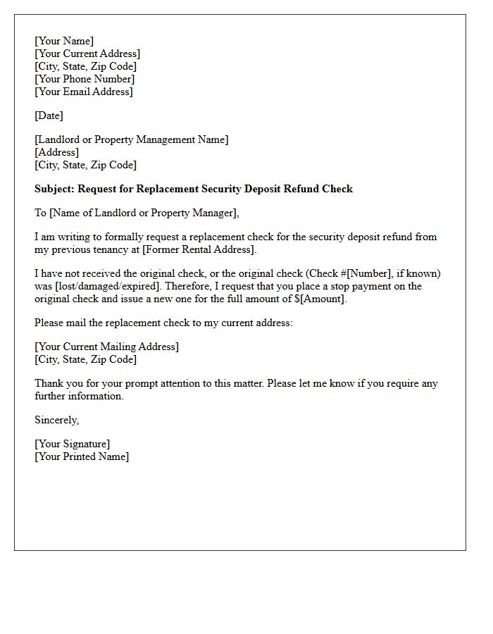 Replacement Security Deposit Refund Check Request Letter