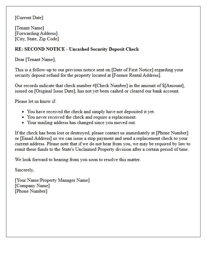Second Notice Letter for Uncashed Security Deposit Refund