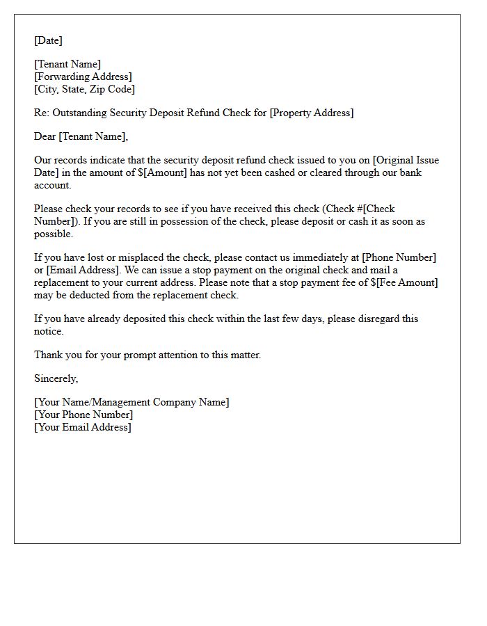 Tenant Account Letter for Outstanding Security Deposit Check