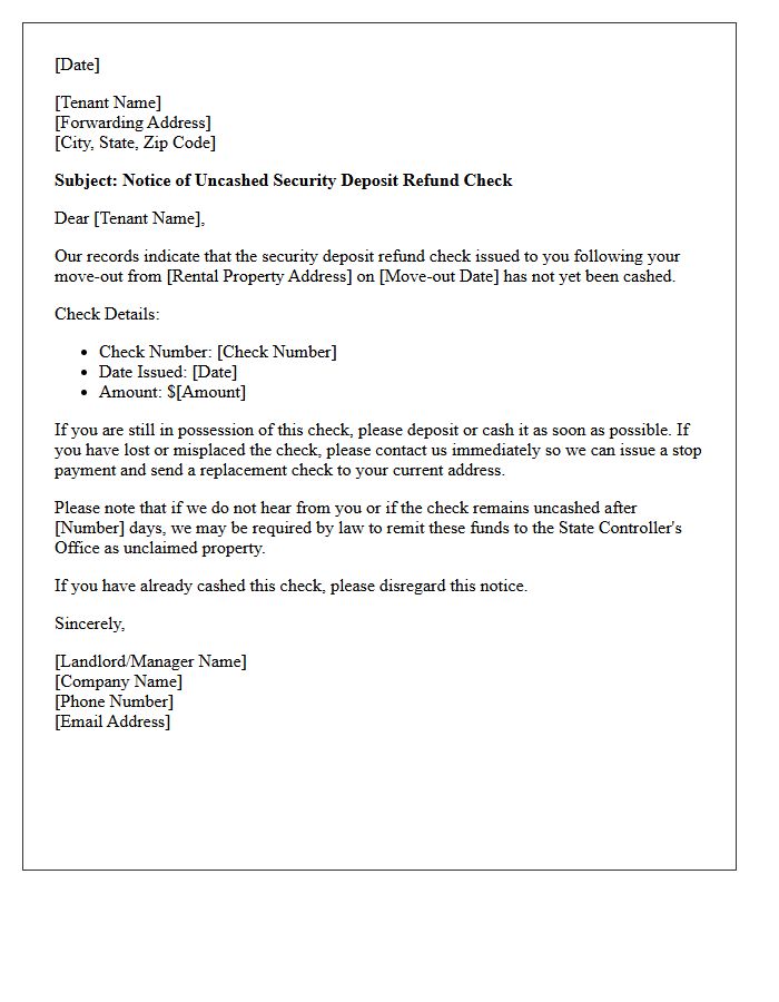 Uncashed Move-Out Deposit Refund Notification Letter