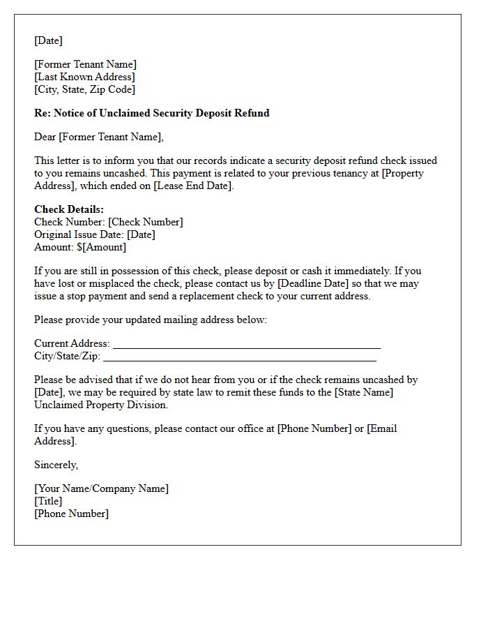 Unclaimed Security Deposit Refund Check Notification Letter