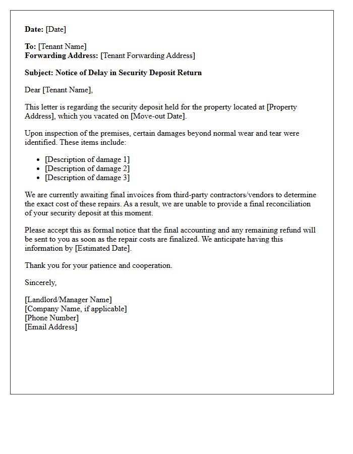 Awaiting Repair Invoices Security Deposit Delay Letter