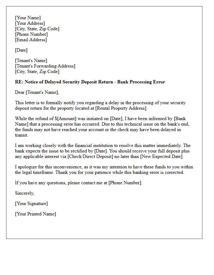 Bank Processing Issue Security Deposit Return Letter