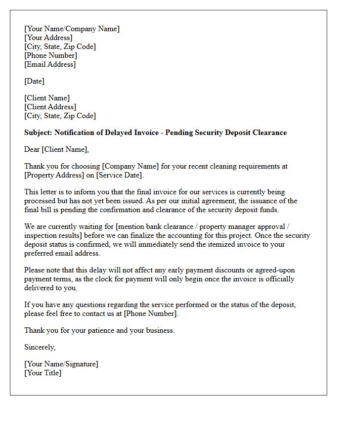 Cleaning Service Invoice Pending Security Deposit Delay Letter