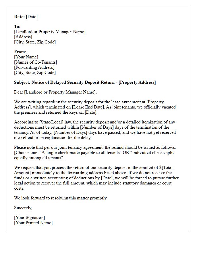 Joint Tenancy Processing Security Deposit Delay Letter