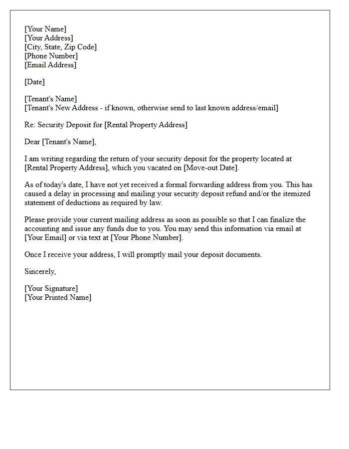 Missing Forwarding Address Security Deposit Delay Letter
