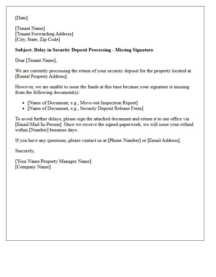 Missing Tenant Signature Security Deposit Delay Letter