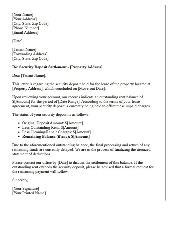 Outstanding Rent Balance Security Deposit Delay Letter