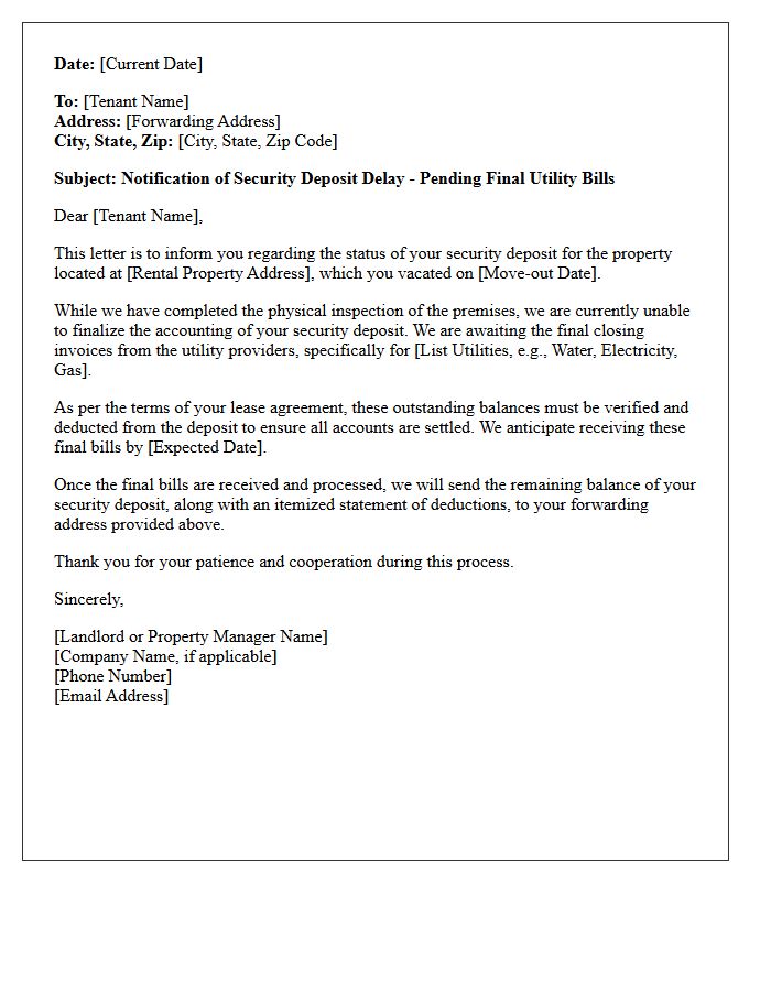 Pending Final Utility Bill Security Deposit Delay Letter