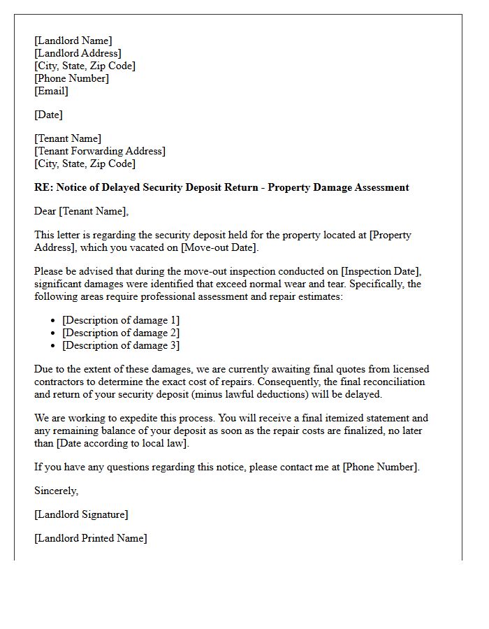 Property Damage Assessment Security Deposit Delay Letter