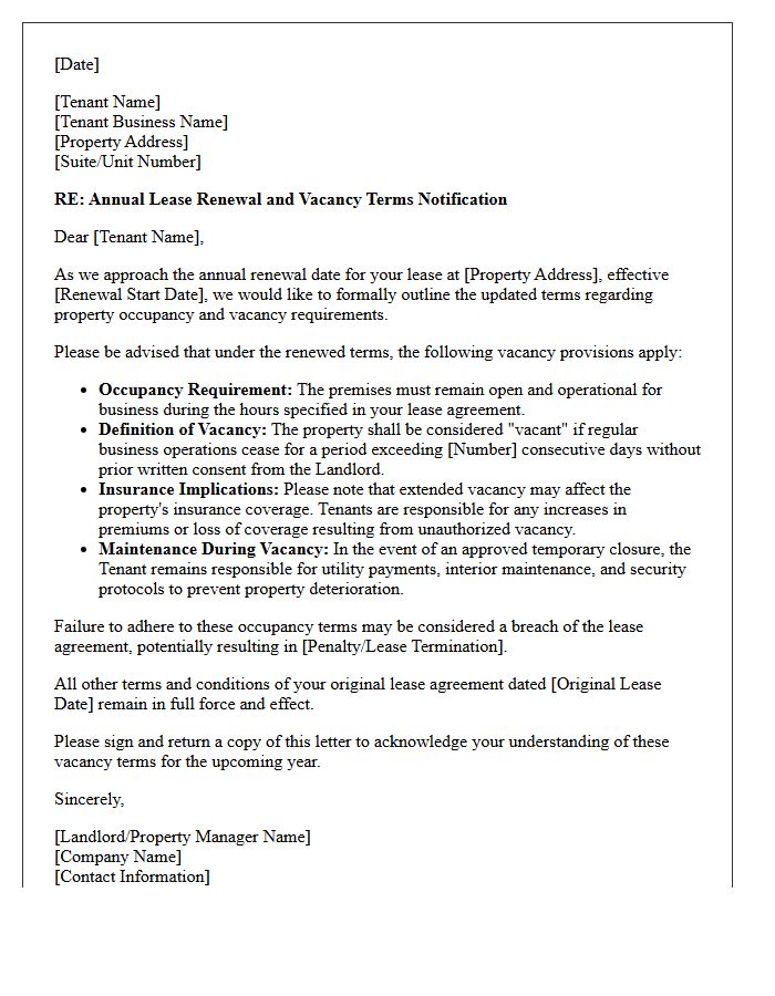 Annual Renewal Letter Addressing Commercial Property Vacancy Terms