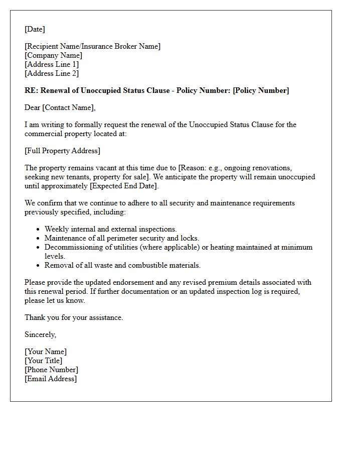 Commercial Property Unoccupied Status Clause Renewal Letter
