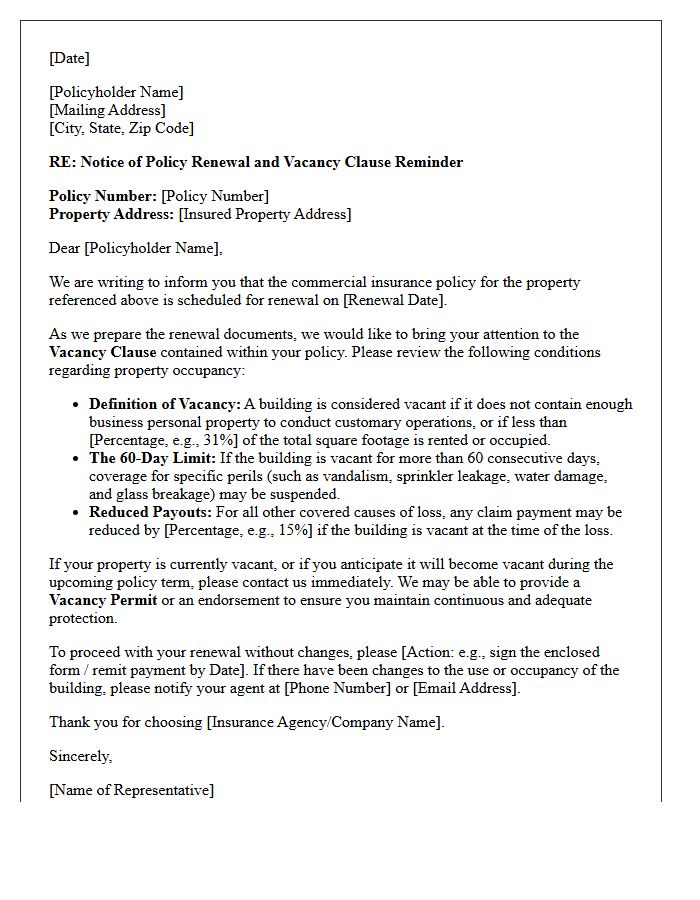 Commercial Property Vacancy Clause Policy Renewal Letter