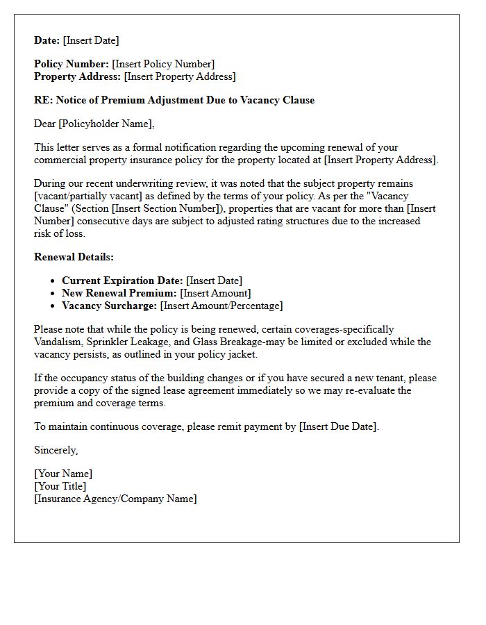 Commercial Real Estate Vacancy Clause Premium Renewal Letter