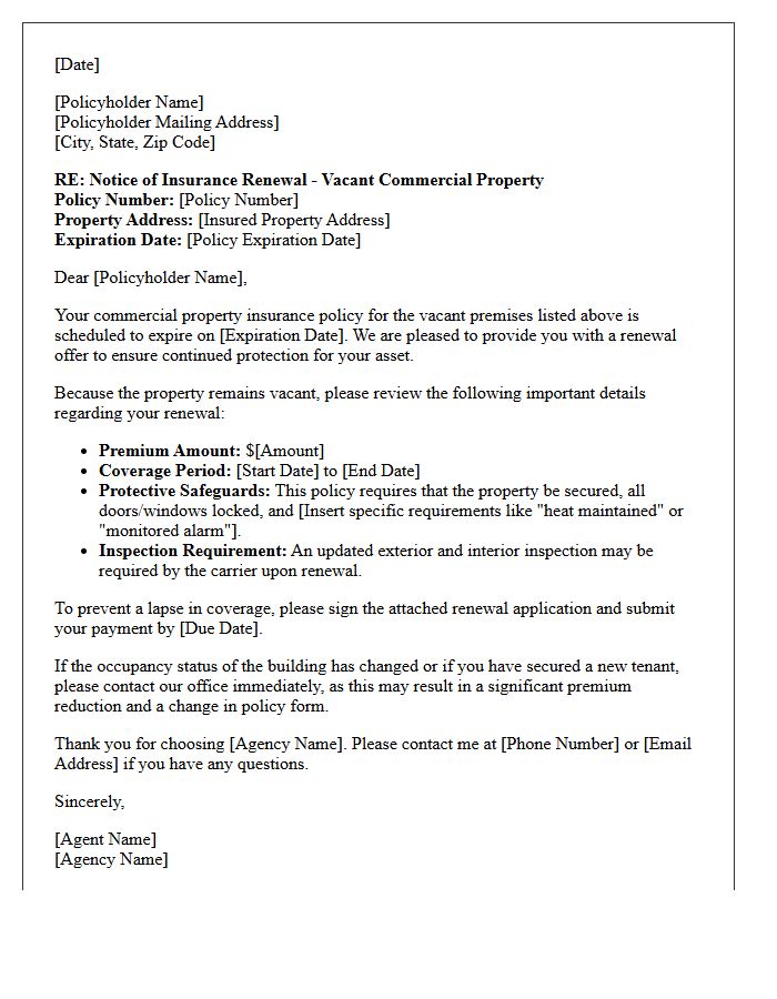Insurance Agency Renewal Letter for Commercial Property Vacancy