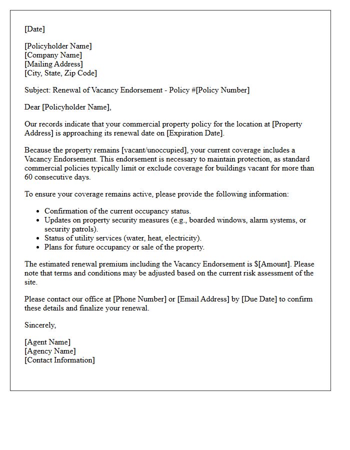 Insurance Renewal Letter for Commercial Property Vacancy Endorsements