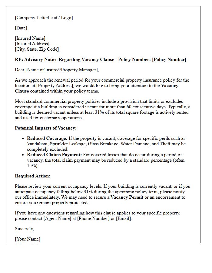 Standard Commercial Property Vacancy Clause Renewal Advisory Letter