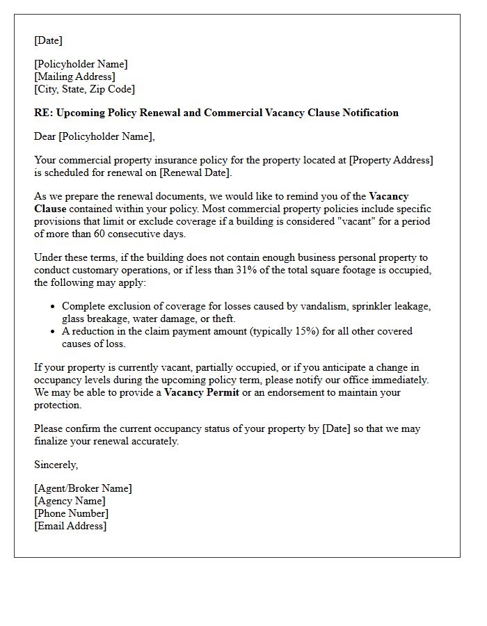 Upcoming Renewal Letter Regarding Commercial Property Vacancy Clauses