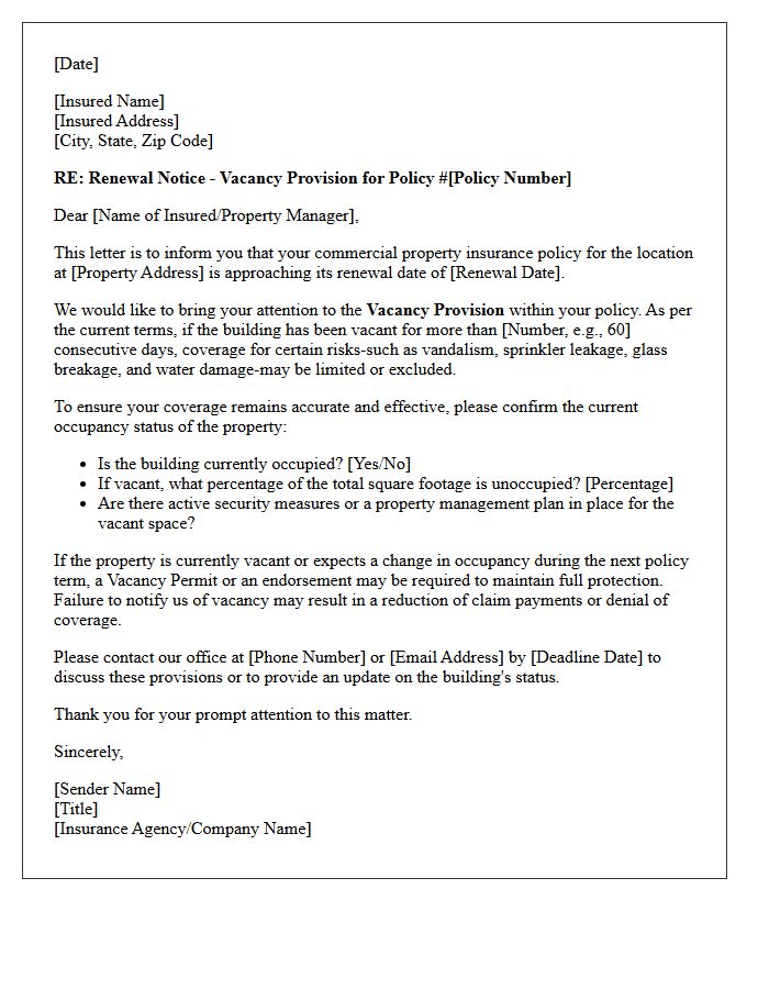 Vacancy Provision Commercial Property Policy Renewal Letter