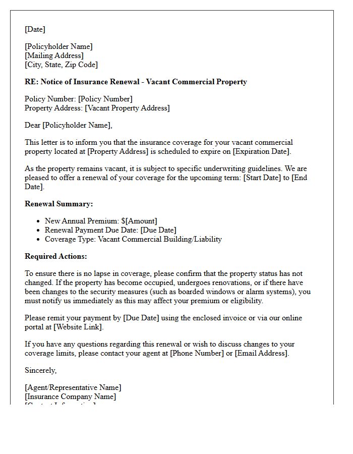 Vacant Commercial Property Insurance Renewal Notification Letter