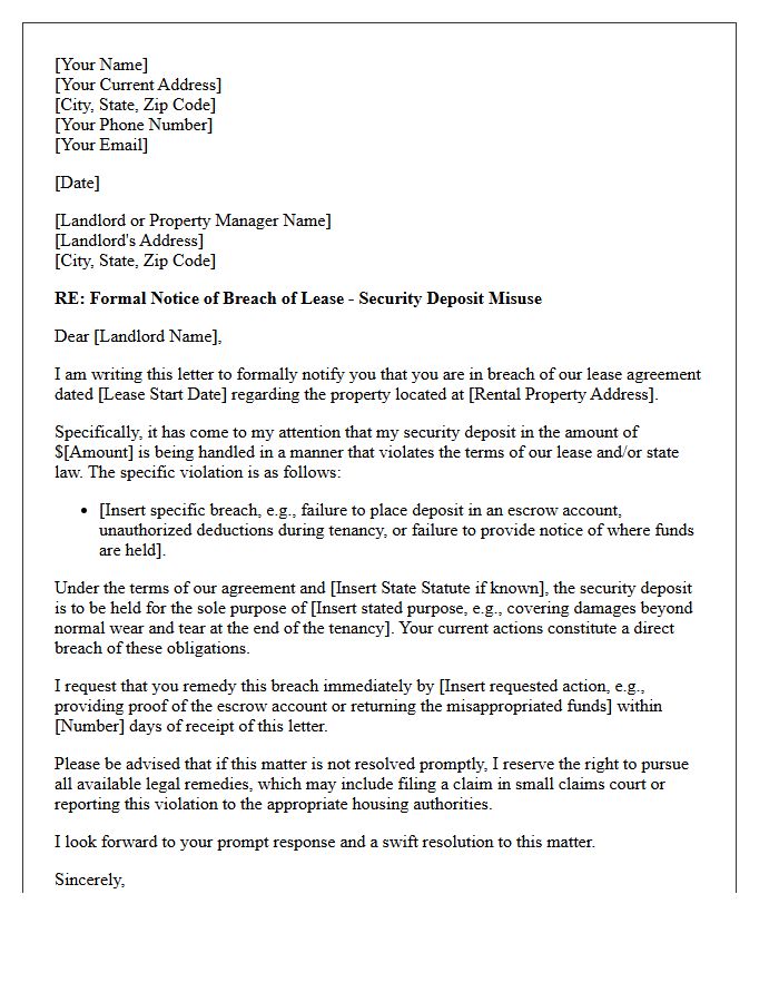 Breach of Lease Letter Regarding Security Deposit Misuse