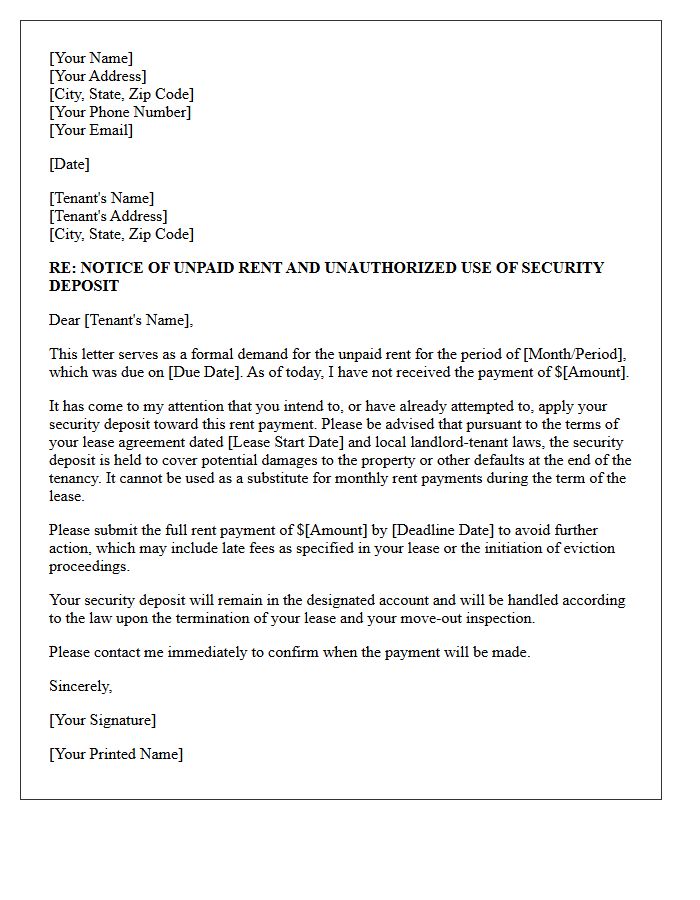 Demand Letter for Rent Following Unauthorized Deposit Use